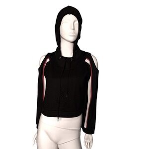 That's It! Womens Black Cold Shoulder Cropped Hoodie Mesh Front Striped XL